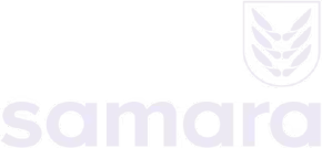 Samara company logo featuring the word 'samara' in lowercase letters and a shield emblem with three chevron shapes pointing downward.