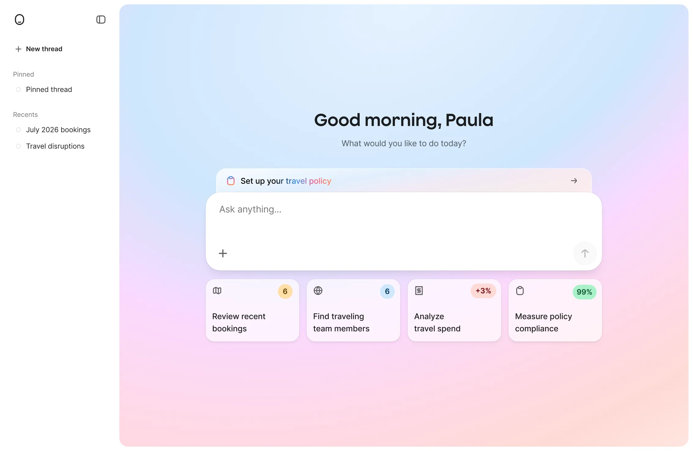 AI travel assistant dashboard with a chat box and shortcuts for bookings, spend and policy