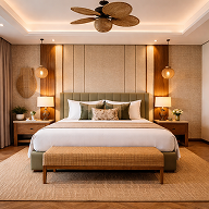 Tropical style bedroom with a sage upholstered bed, rattan pendant lights and a ceiling fan