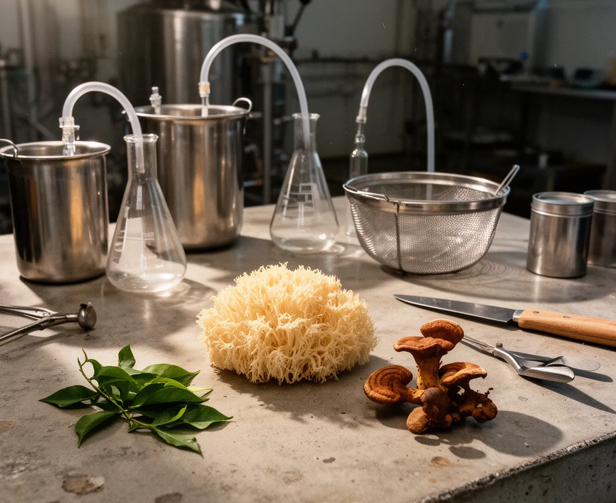Botanische ingrediënten en glaswerk in het lab