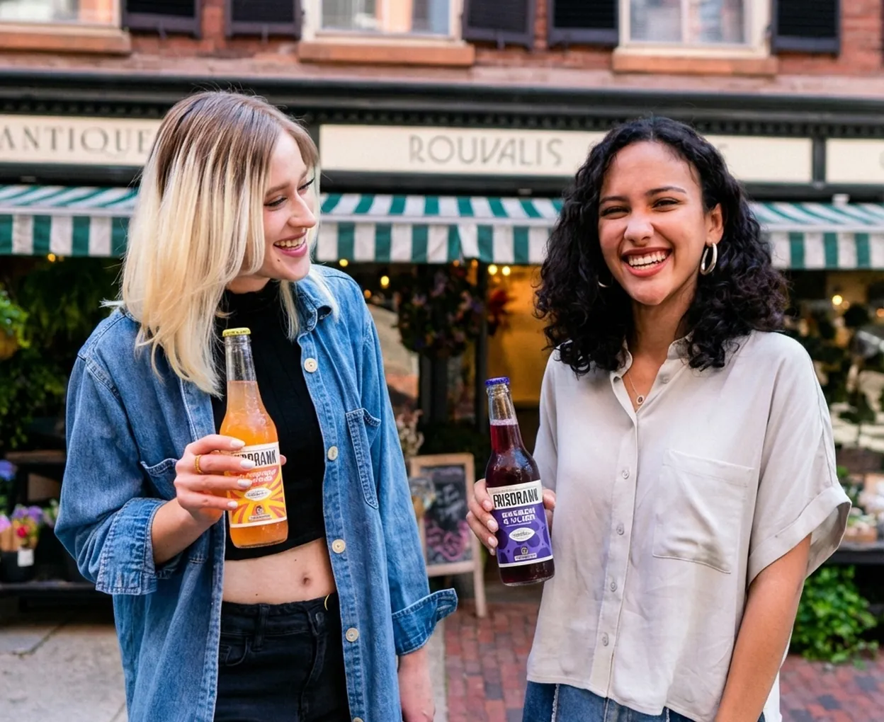 Iemand proost met een fles in de stad