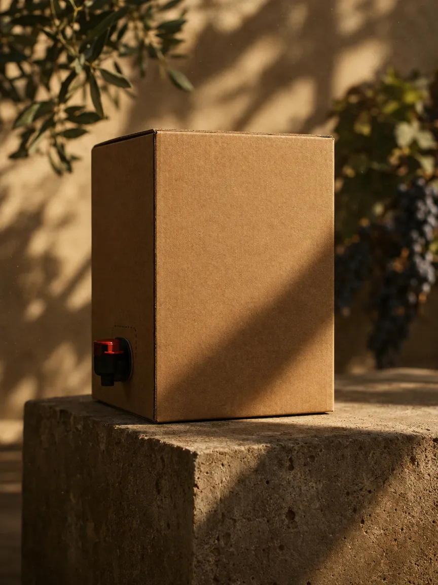 Bag-in-box verpakking op een betonnen sokkel in de zon