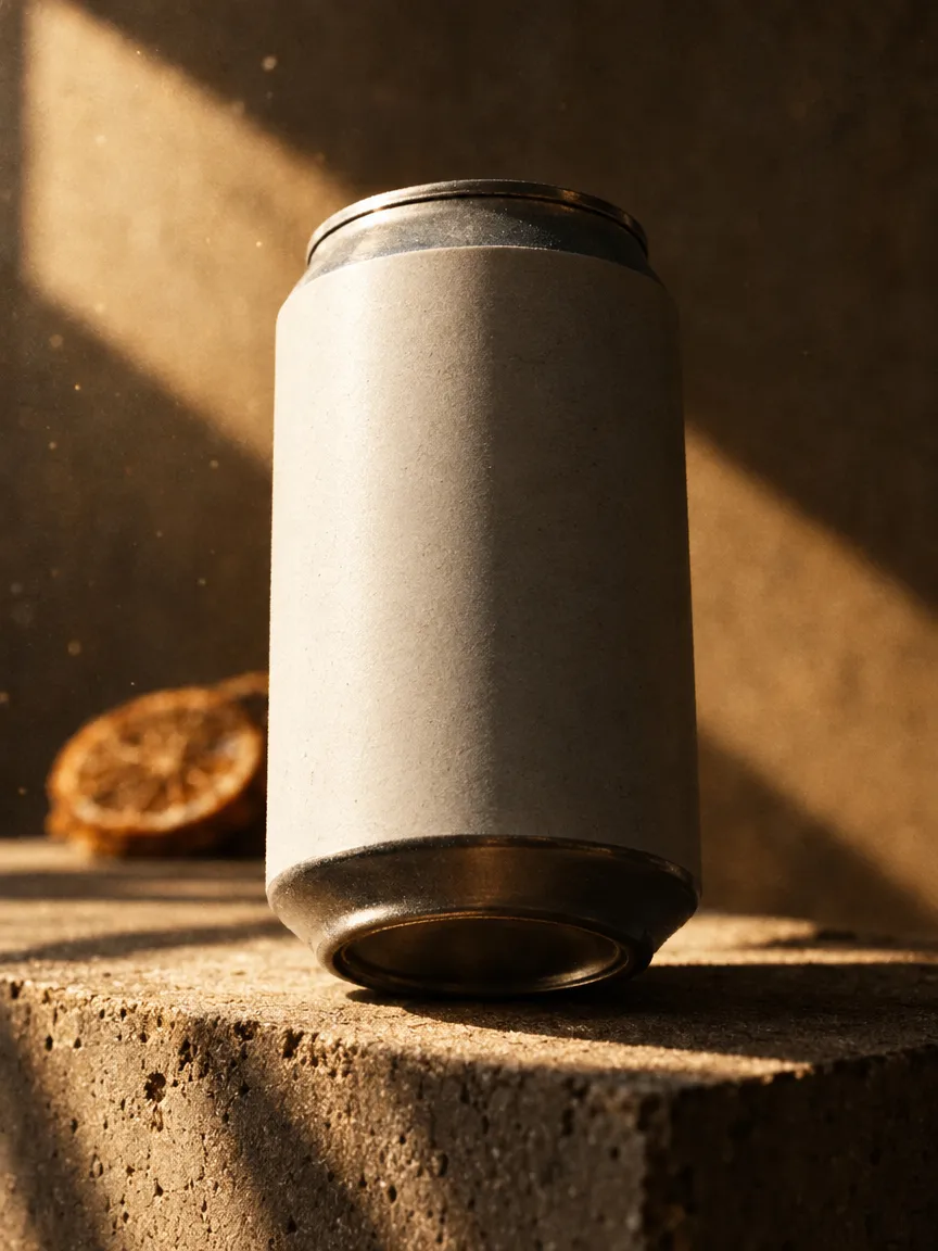 Blanco blikje op een betonnen sokkel in de zon