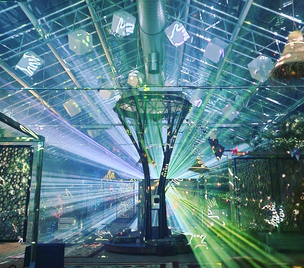 Lasershow onder een glazen overkapping op een festival
