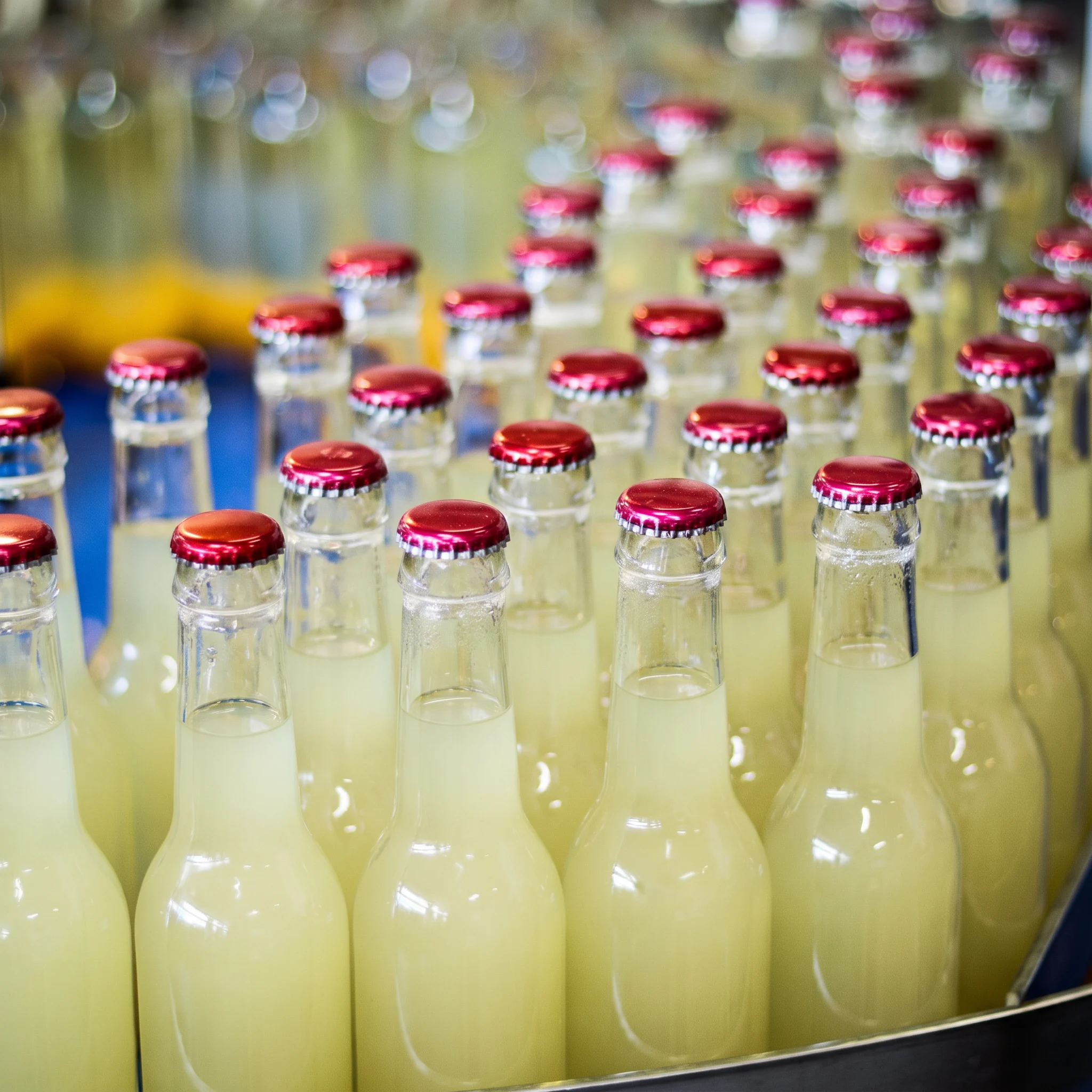 Rijen gevulde flesjes limonade met rode doppen op de productielijn