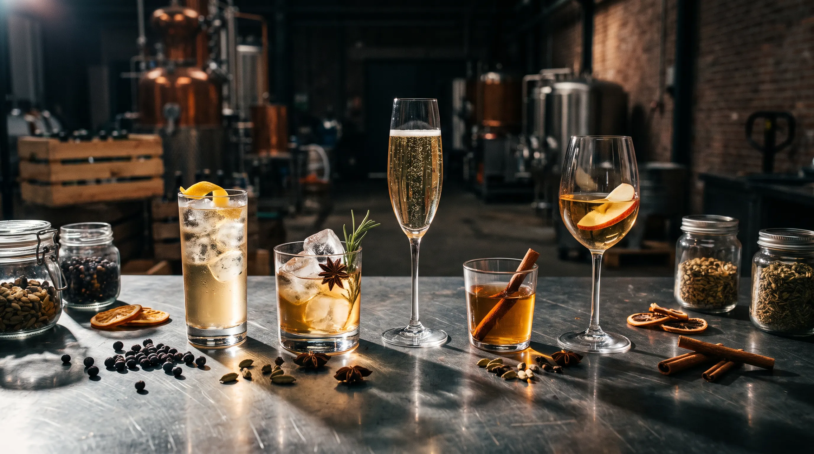 Cocktails en dranken met botanische ingrediënten op een tafel in de fabriek