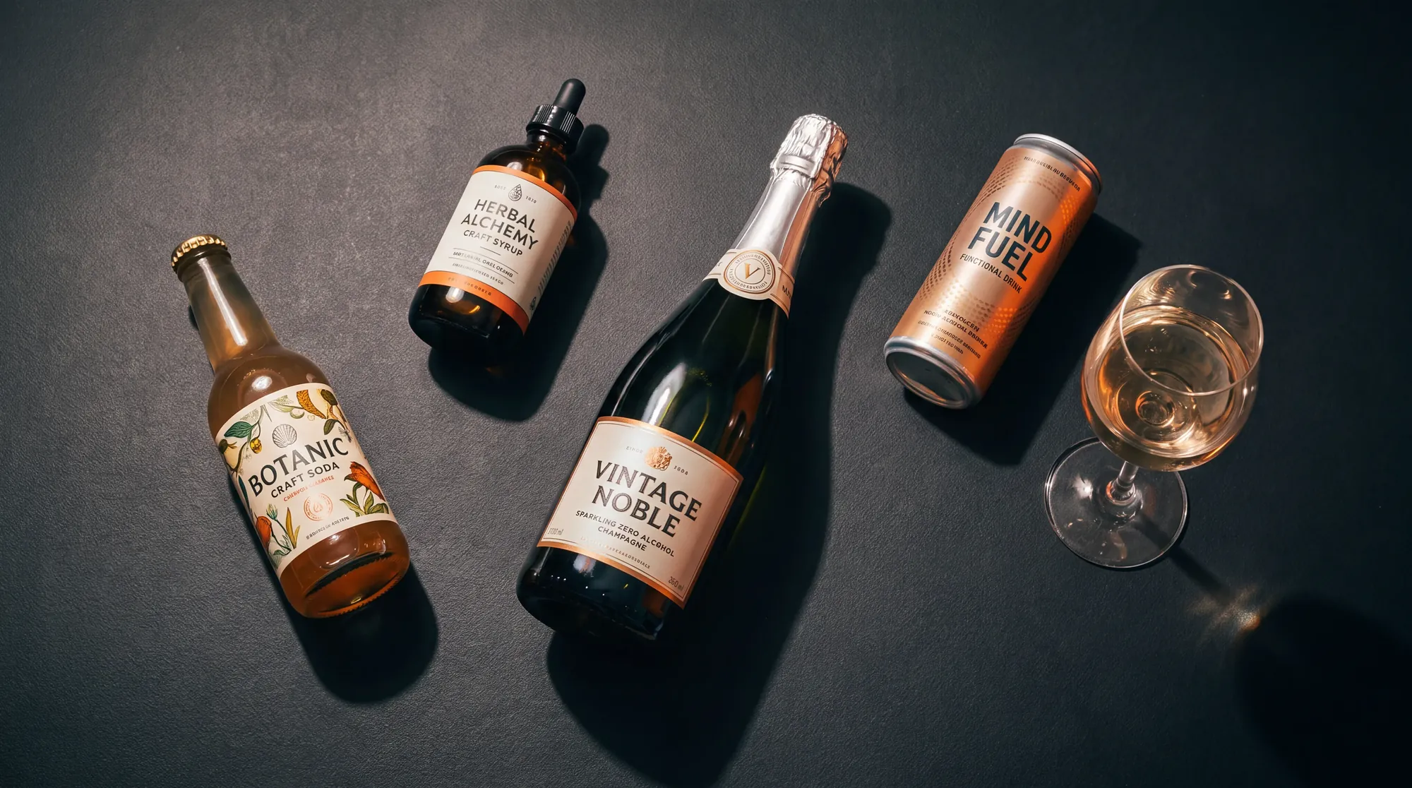 Flesjes extract, een fles alcoholvrije sparkling en een blikje op een donkere ondergrond