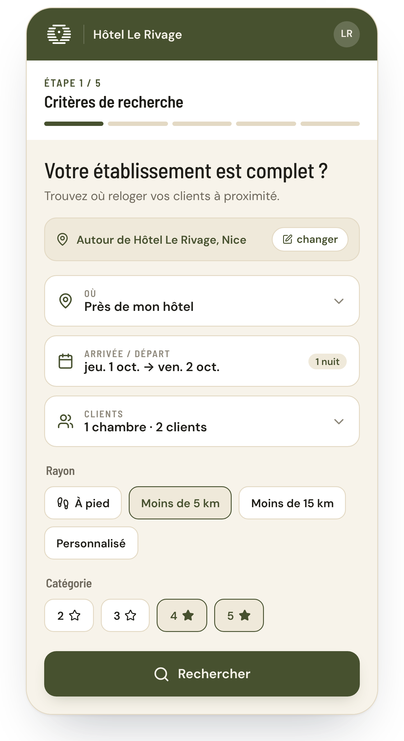 Application OTAC sur mobile : critères de recherche pour reloger un client autour de l'hôtel