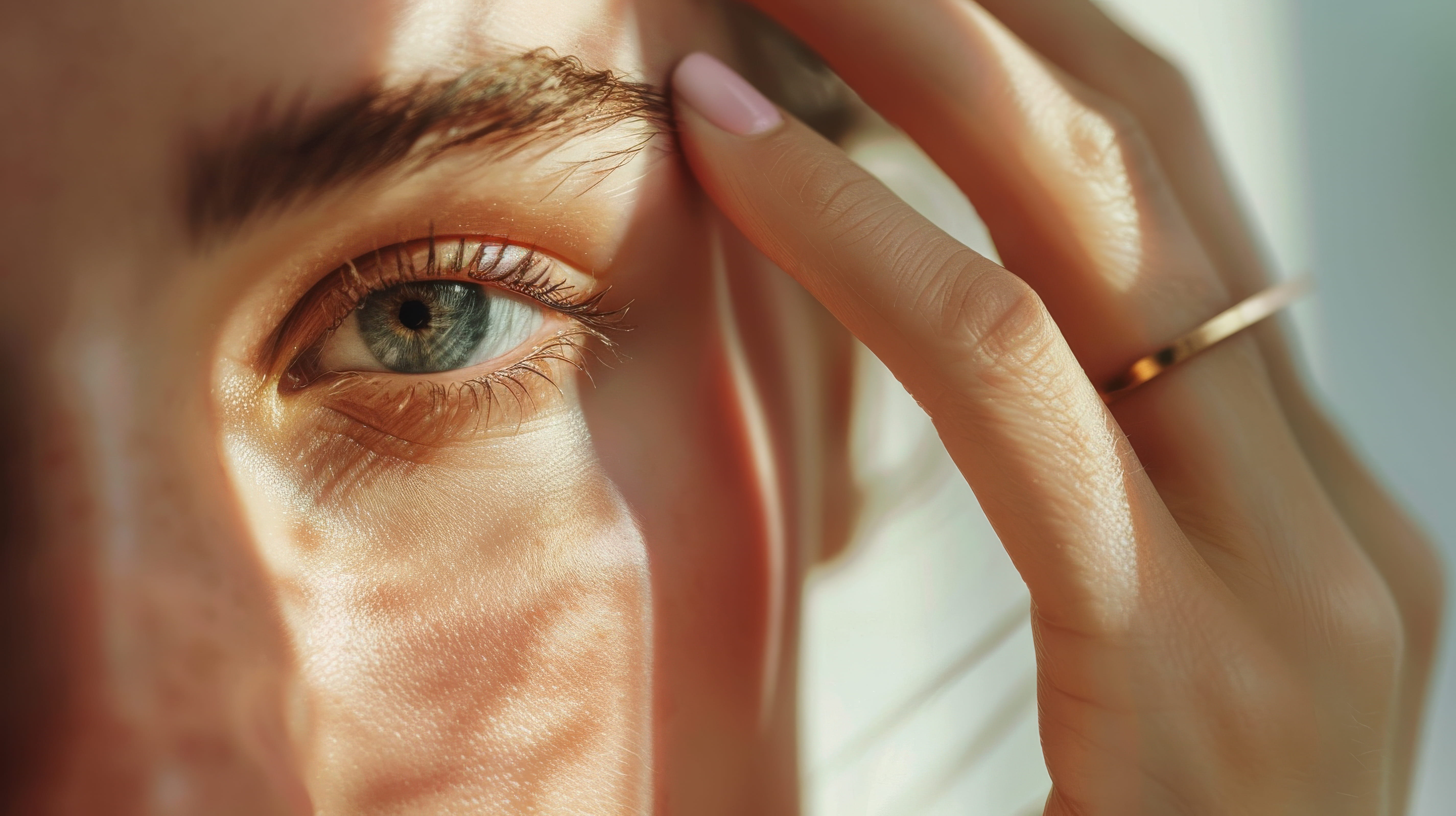 Close-up of a person's green eye illuminated by natural light with their hand, showing a gold ring, gently touching the forehead near the eyebrow.