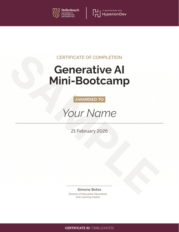 Certificate for the bootcamp