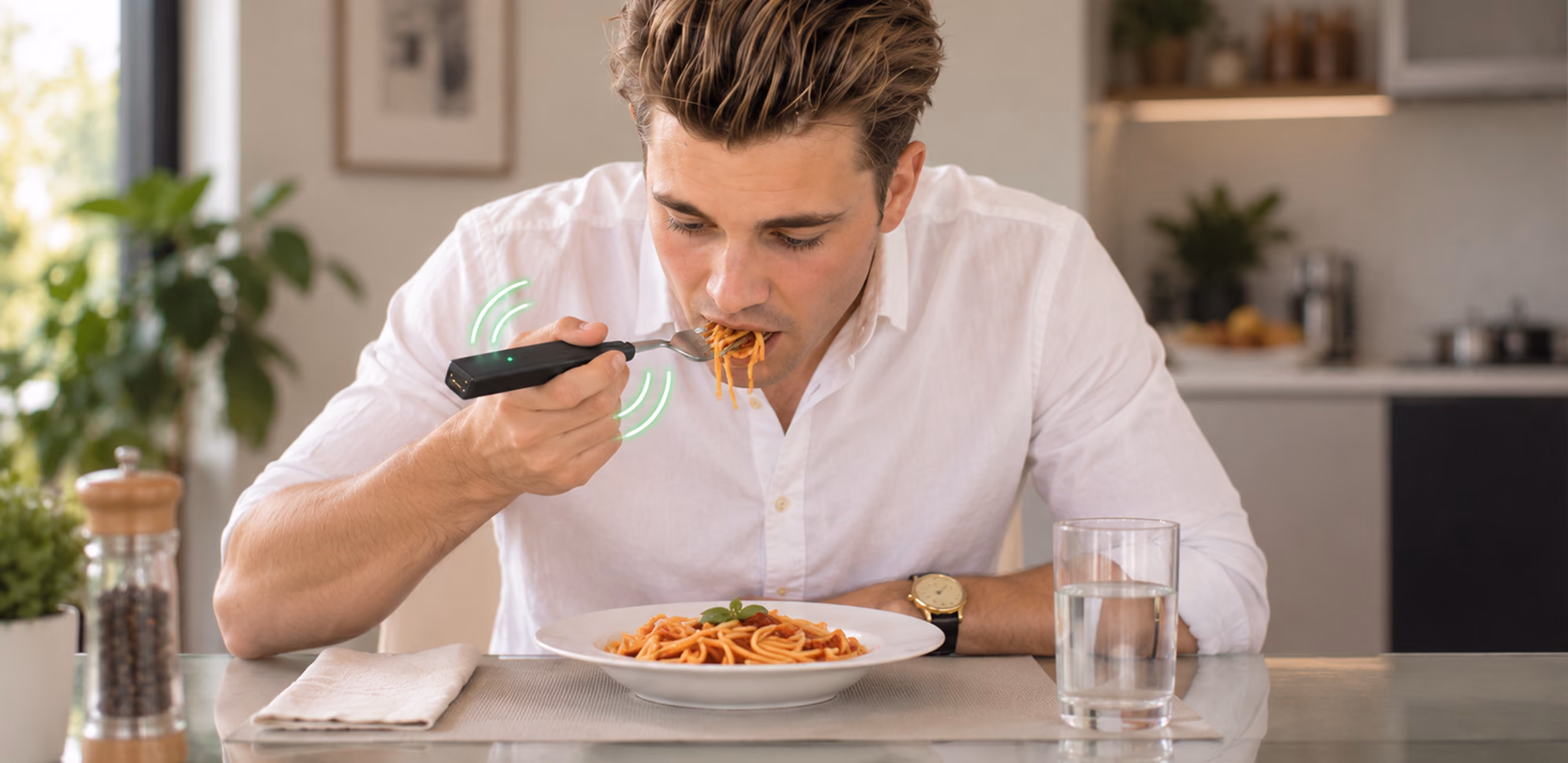 Man eating pasta with a BiteQ fork showing haptic feedback
