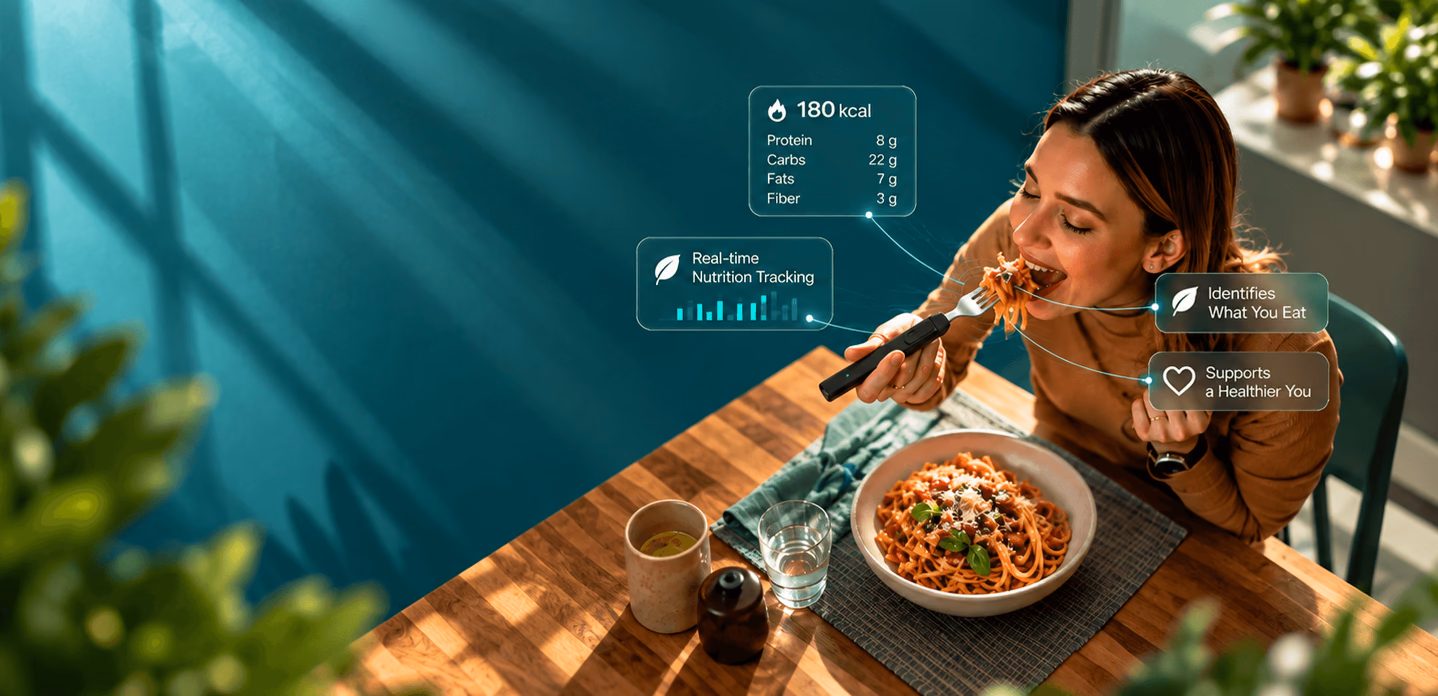 Woman eating a grain bowl with the BiteQ Smart Utensil fork