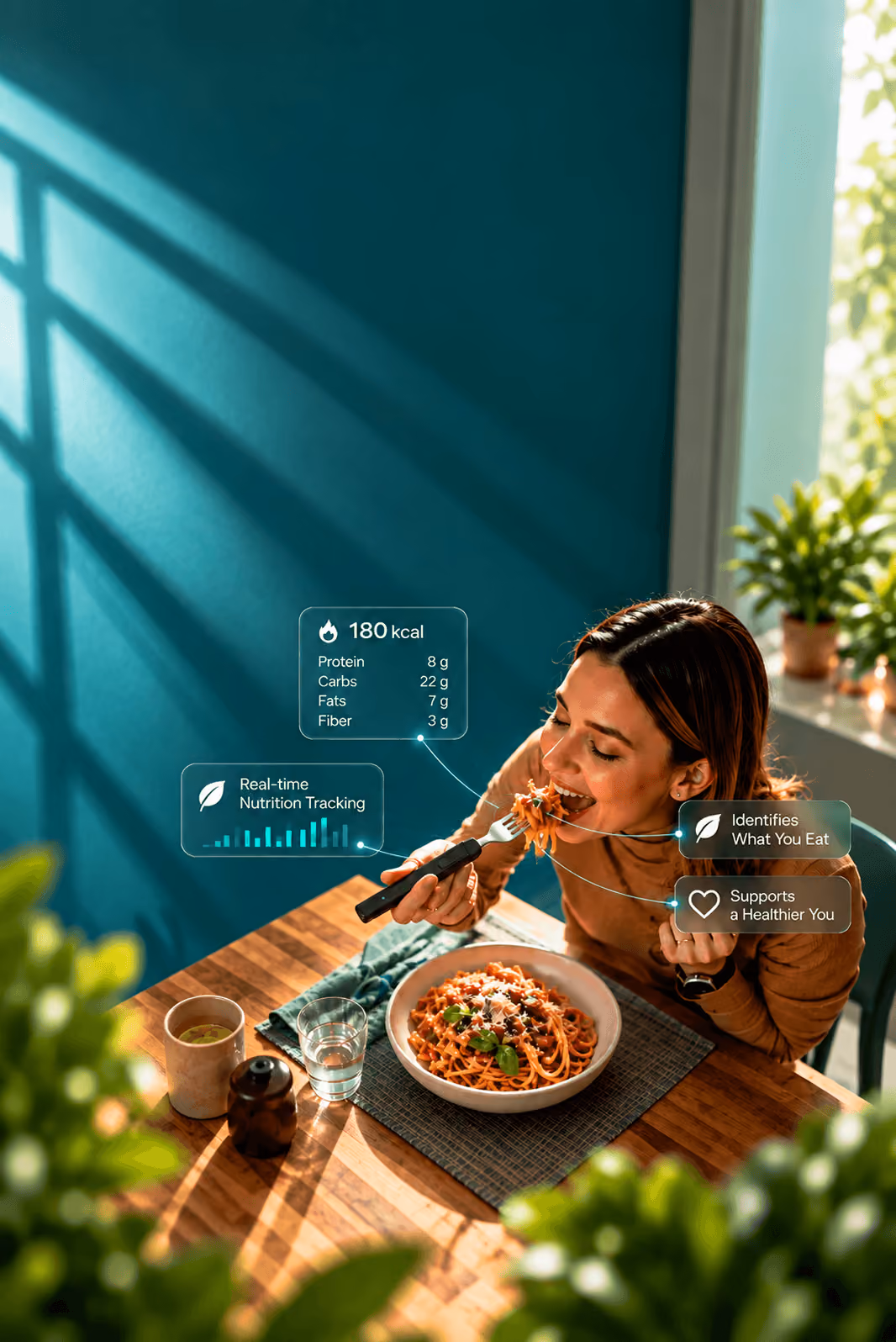 Woman eating a grain bowl with the BiteQ Smart Utensil fork