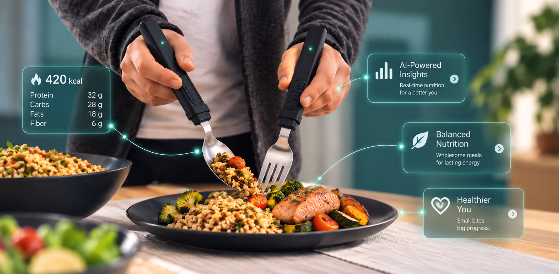 Two hands using a BiteQ fork and spoon over a plate of food