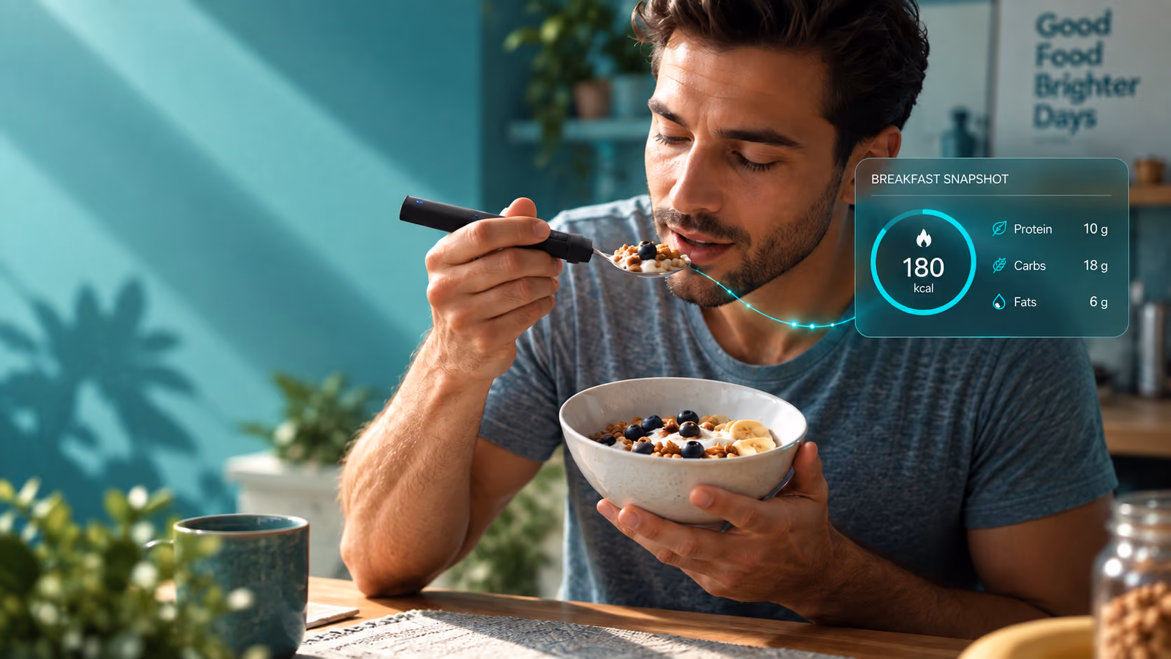 Man eating breakfast with the BiteQ smart spoon