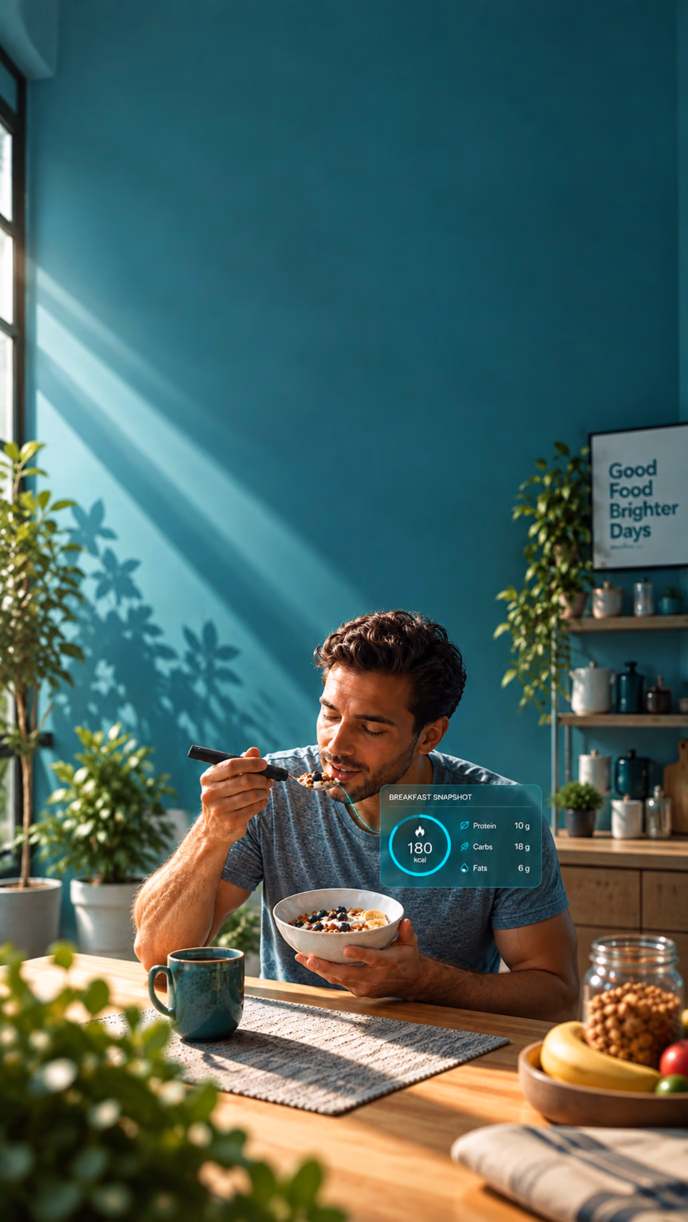 Man eating breakfast with the BiteQ smart spoon