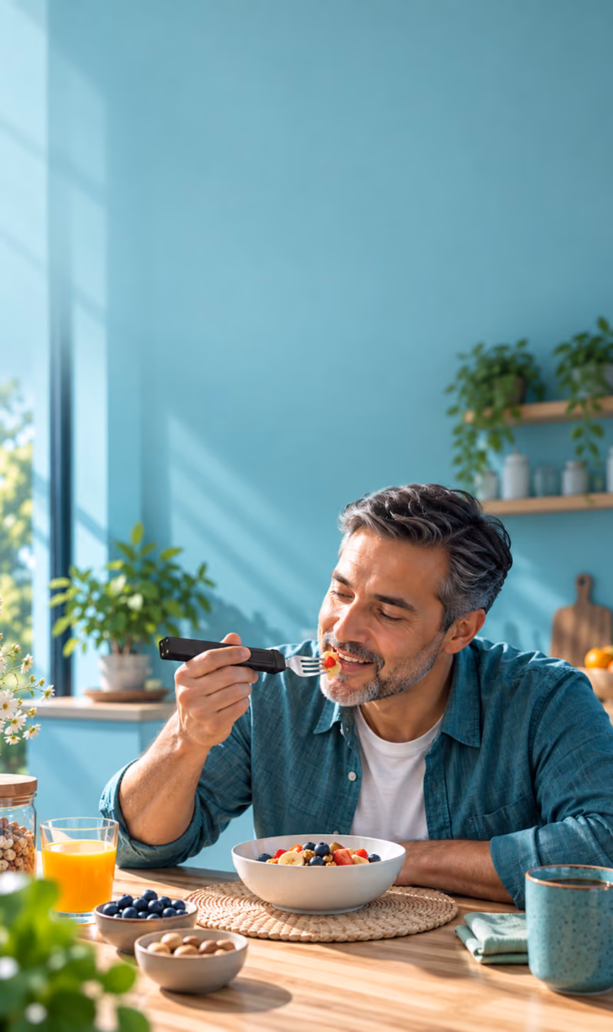 Man eating breakfast with the BiteQ smart fork