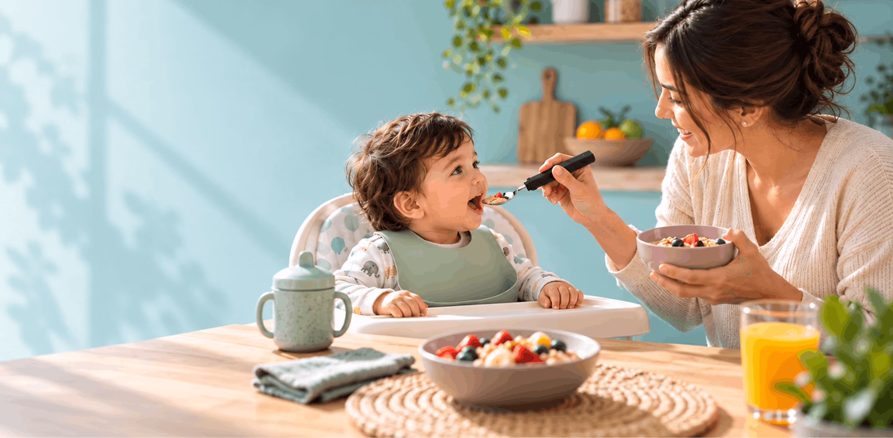 Parents feeding their baby with the BiteQ smart spoon at the kitchen table