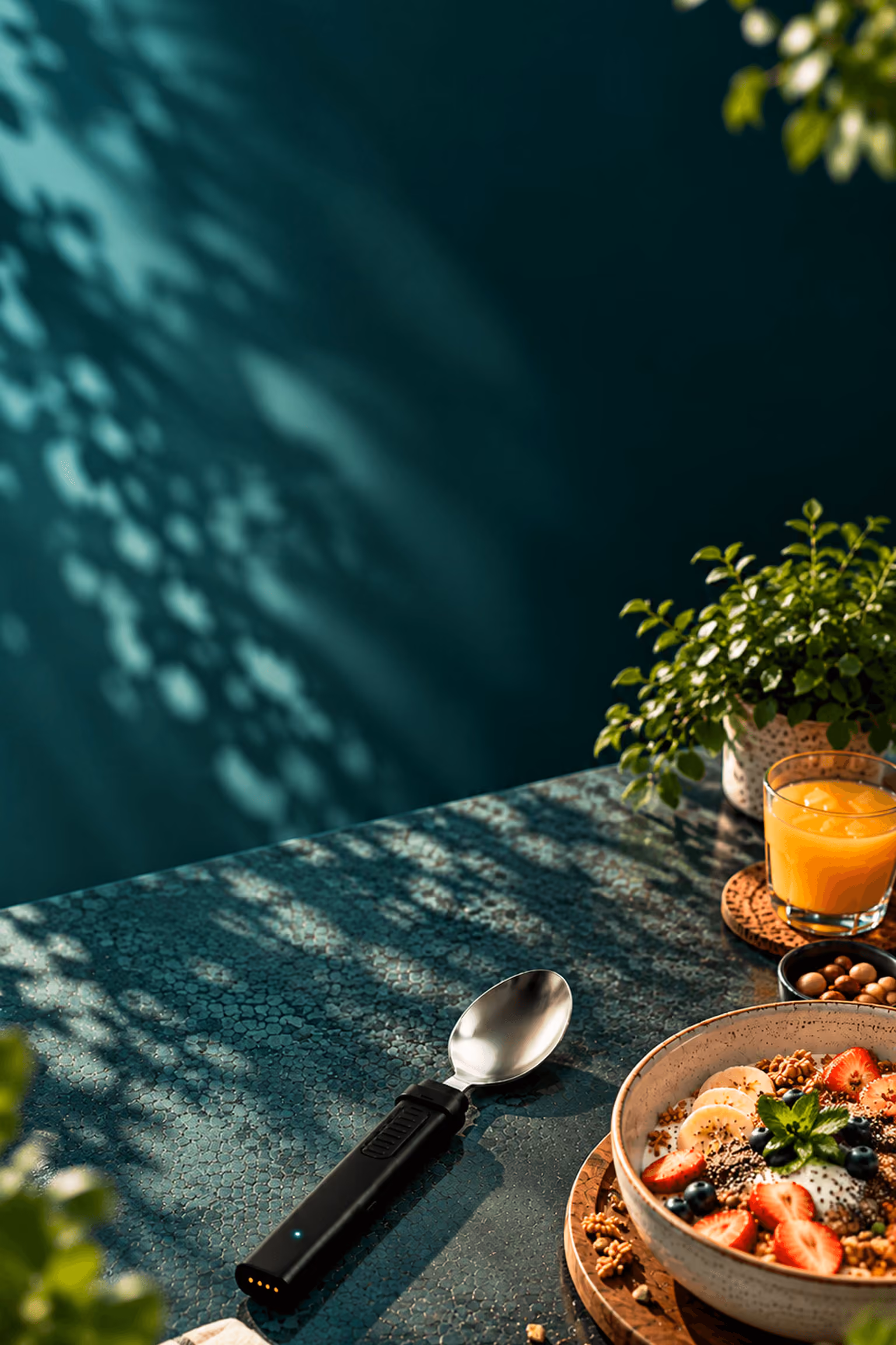 The BiteQ smart spoon resting on dark stone