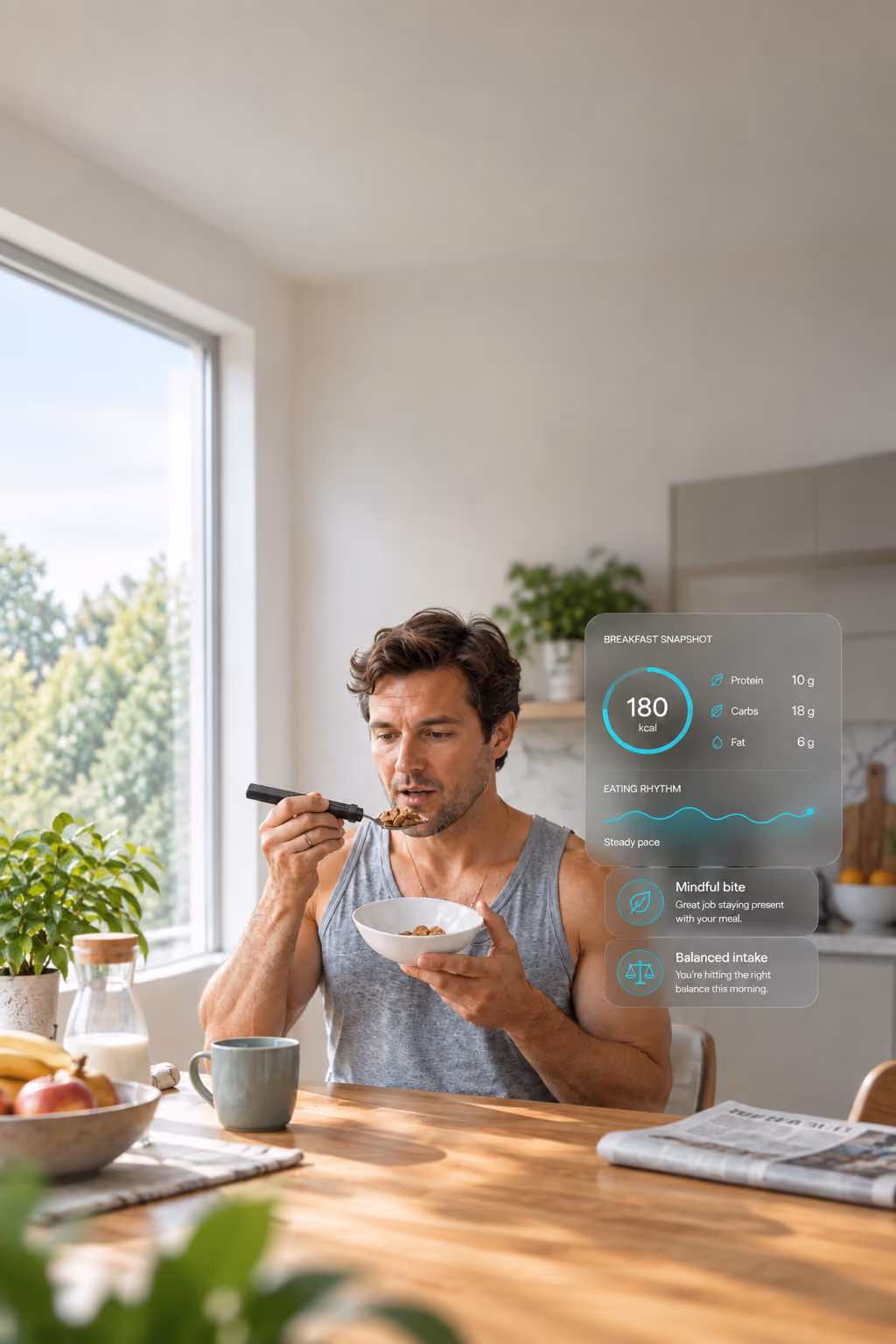 Man eating breakfast with the BiteQ smart spoon, with a nutrition snapshot overlay