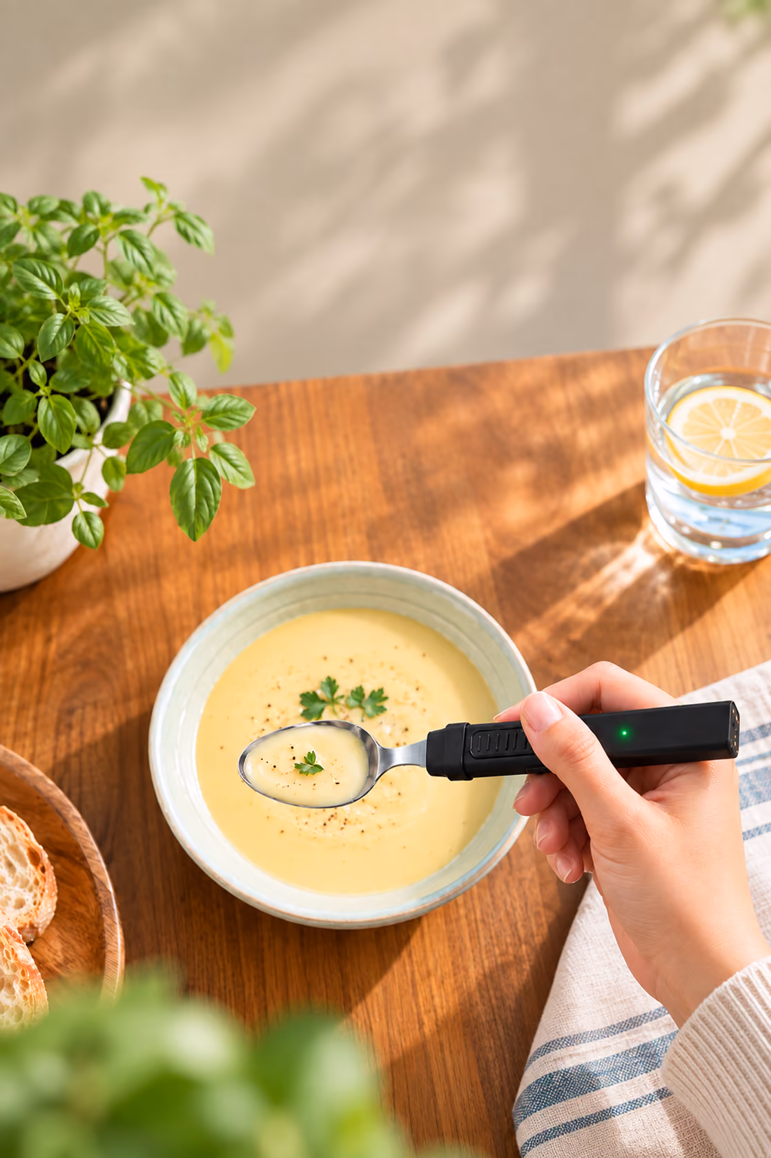 Hand lifting a spoonful of soup with the BiteQ smart spoon
