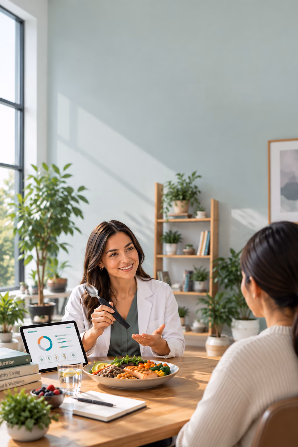 Dietitian holding the BiteQ smart spoon beside a tablet showing nutrient data