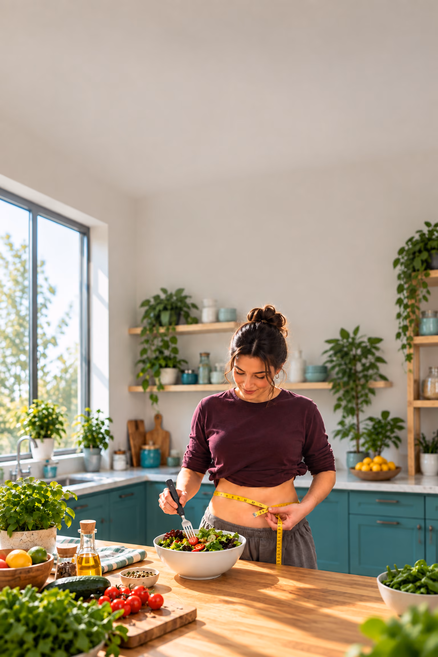 Person measuring their waist while eating a salad with the BiteQ smart fork