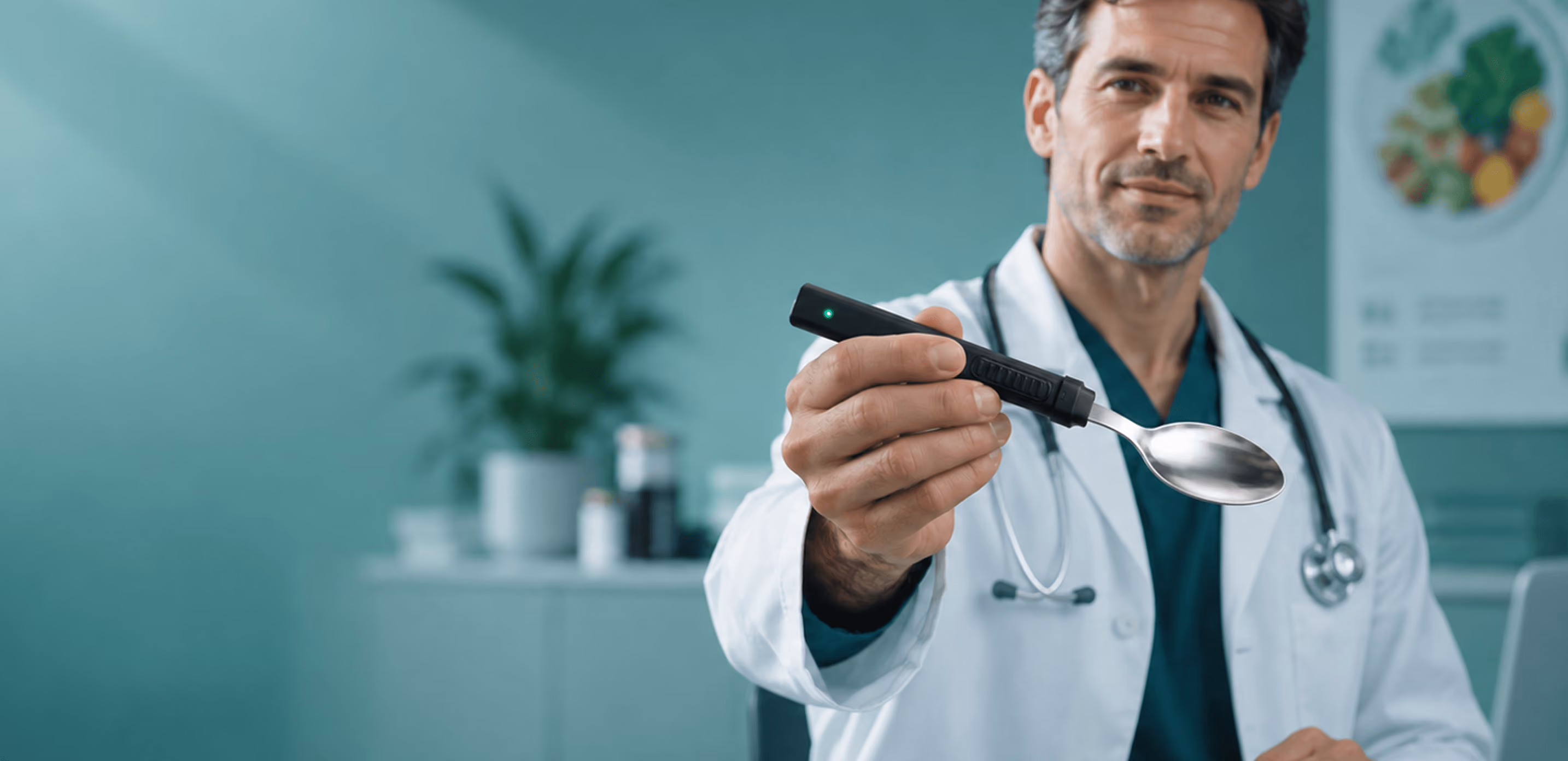 Doctor holding out the BiteQ smart spoon in a clinic