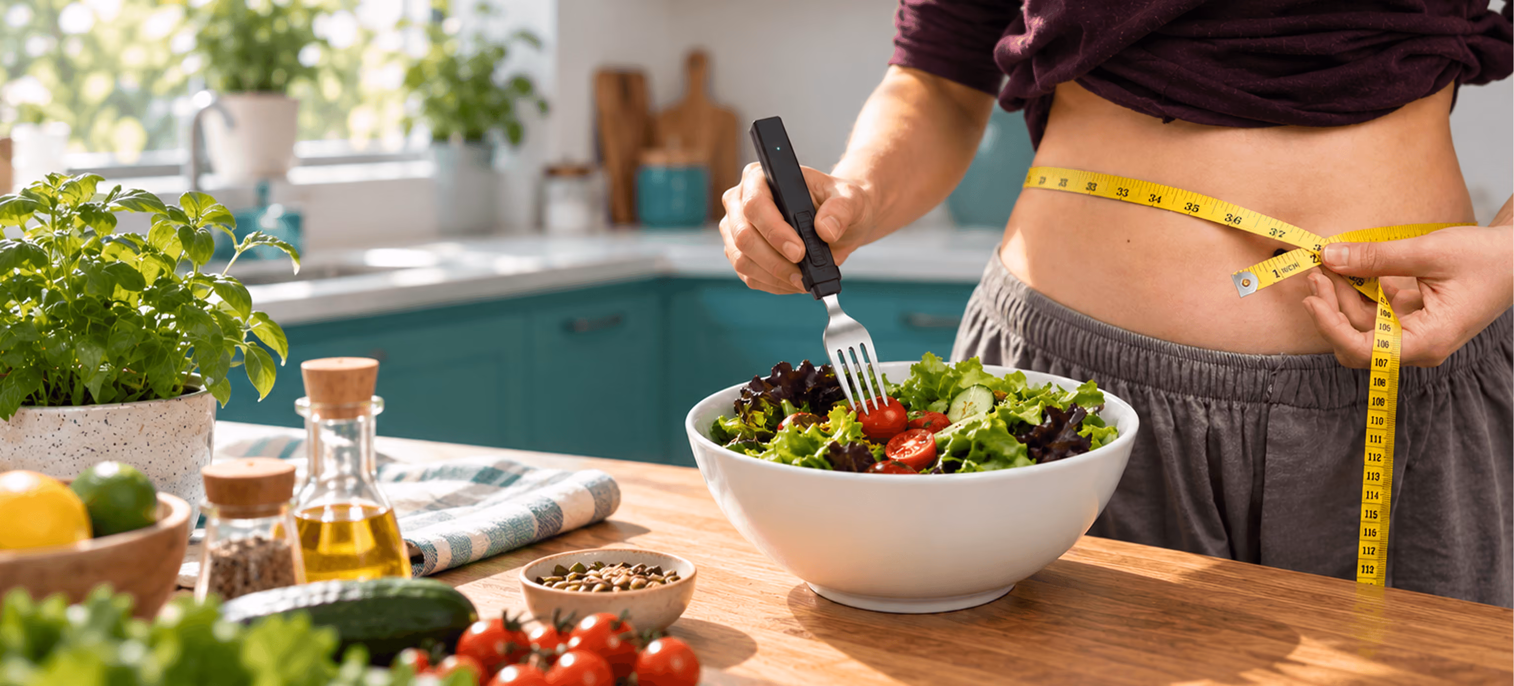 Person measuring their waist while eating a salad with the BiteQ smart fork