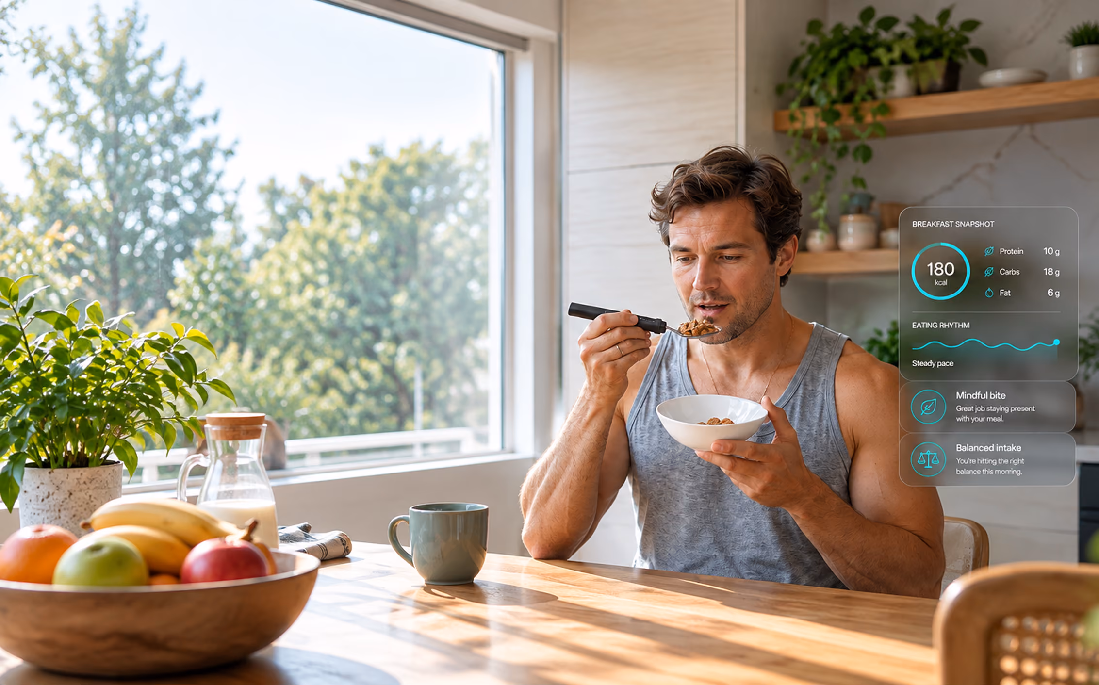 Man eating breakfast with the BiteQ smart spoon, with a nutrition snapshot overlay