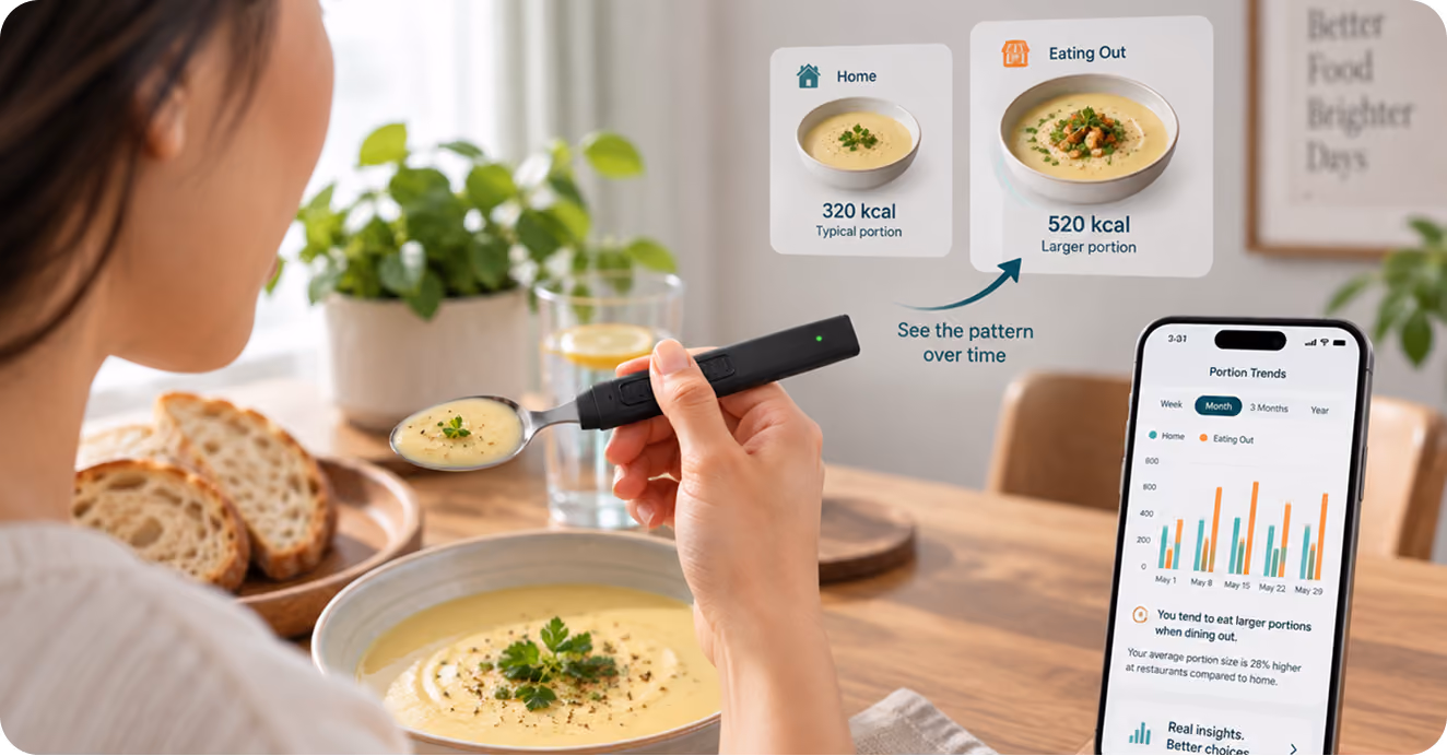 Two hands using a BiteQ fork and spoon over a plate of food