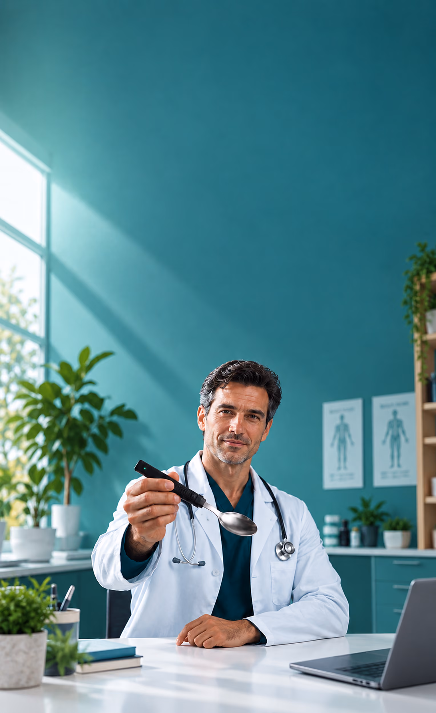 Doctor holding out the BiteQ smart spoon in a clinic