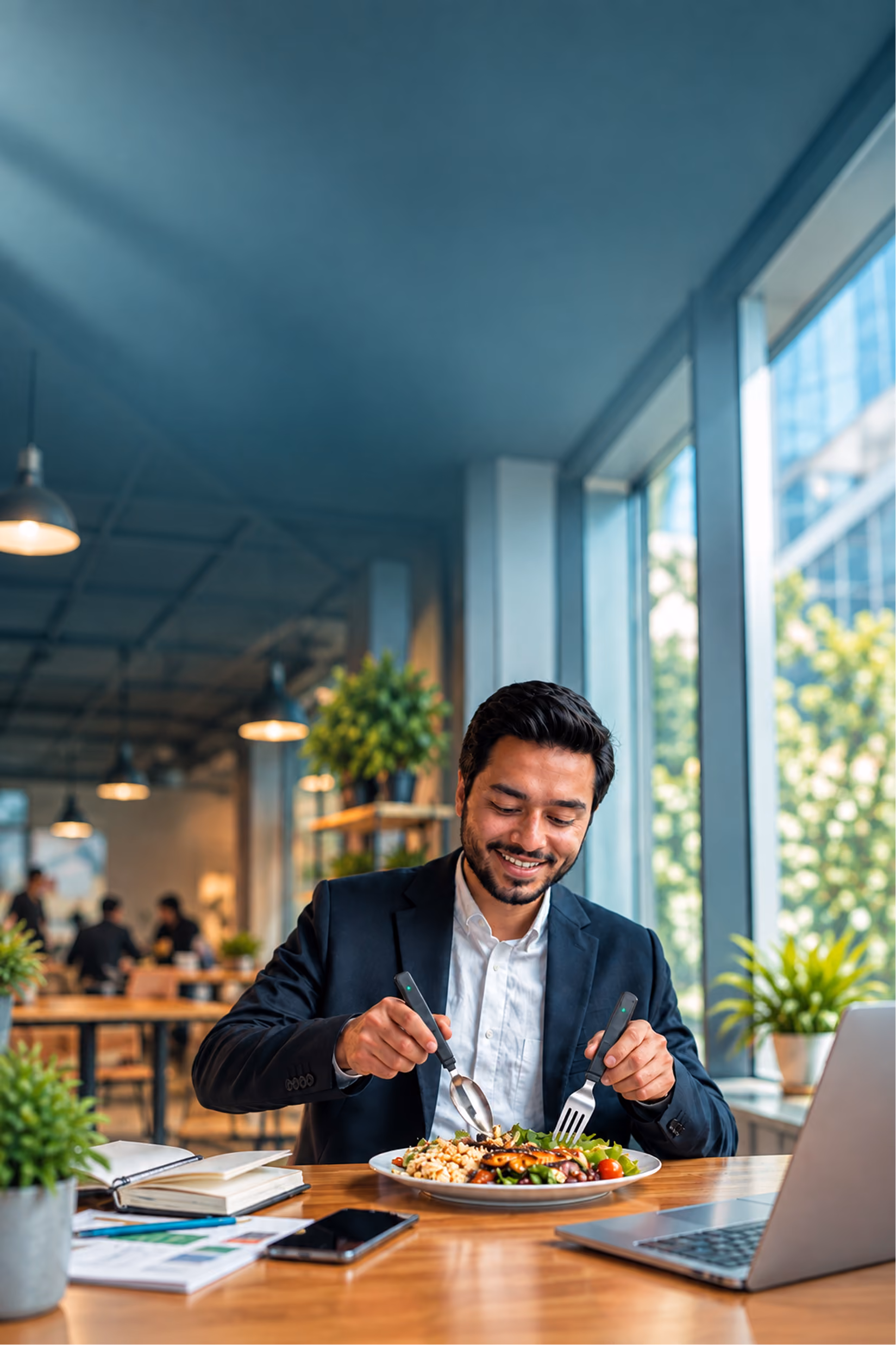 Employee eating lunch at his desk with the BiteQ smart fork