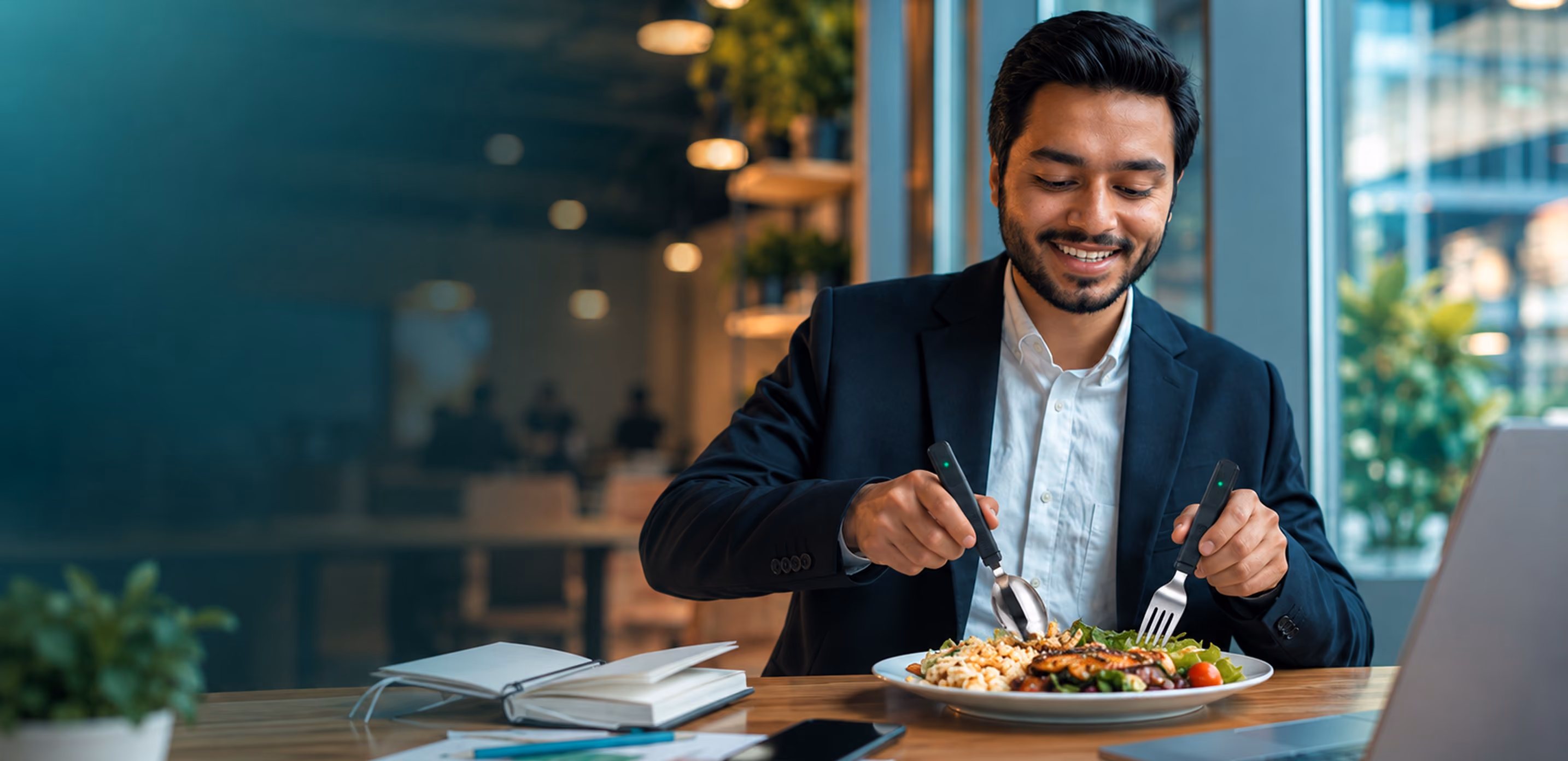 Employee eating lunch at his desk with the BiteQ smart fork