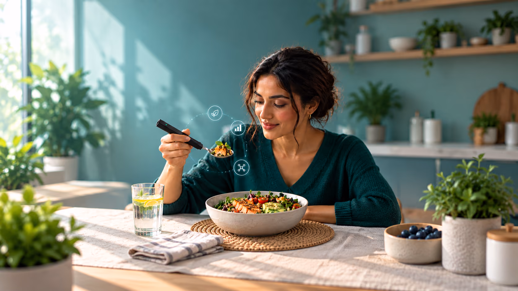Hand lifting a bite from a grain bowl with the BiteQ smart spoon, with sensor callouts
