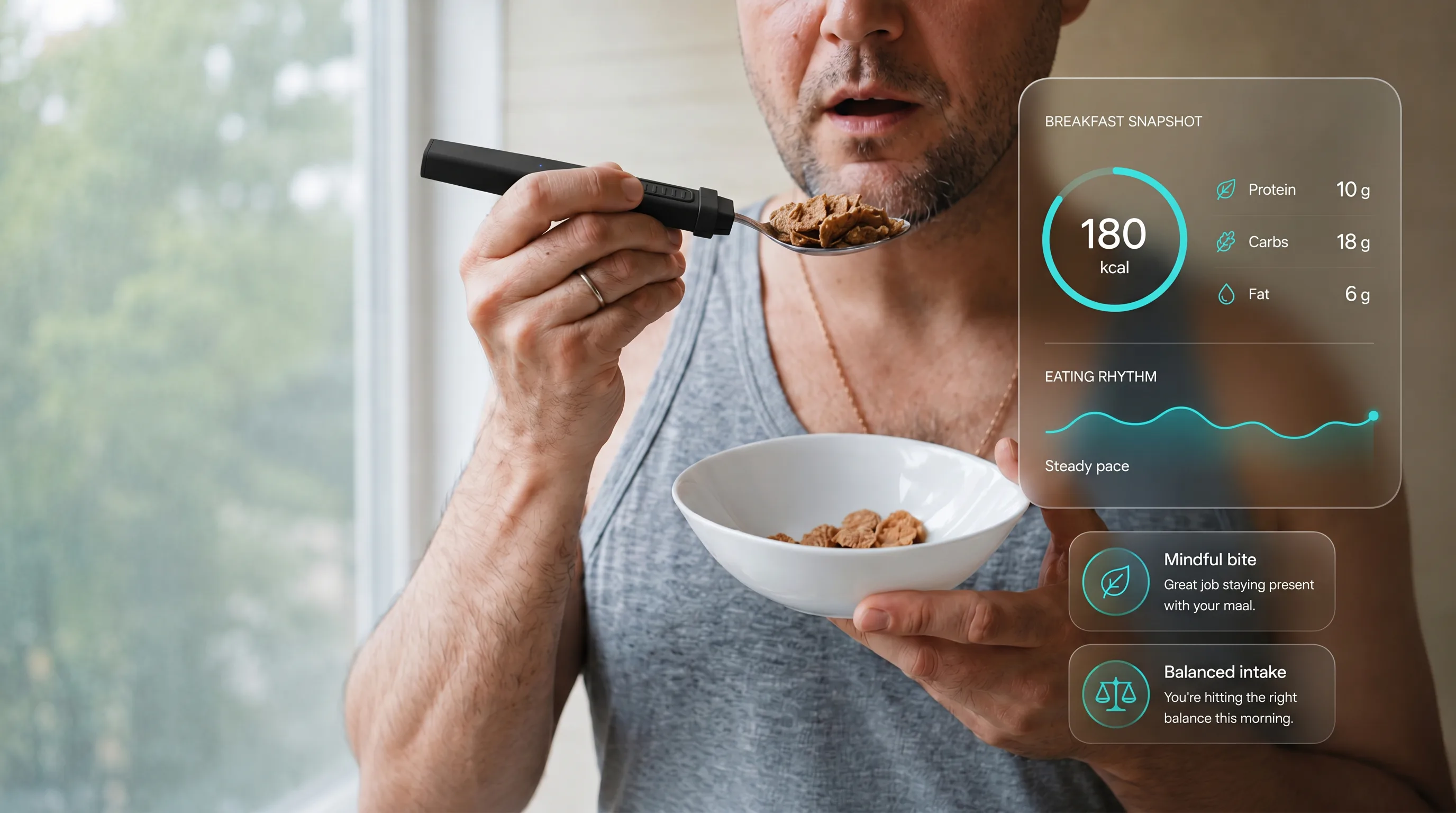 Man eating cereal with the BiteQ smart spoon, with a breakfast snapshot showing a steady eating rhythm