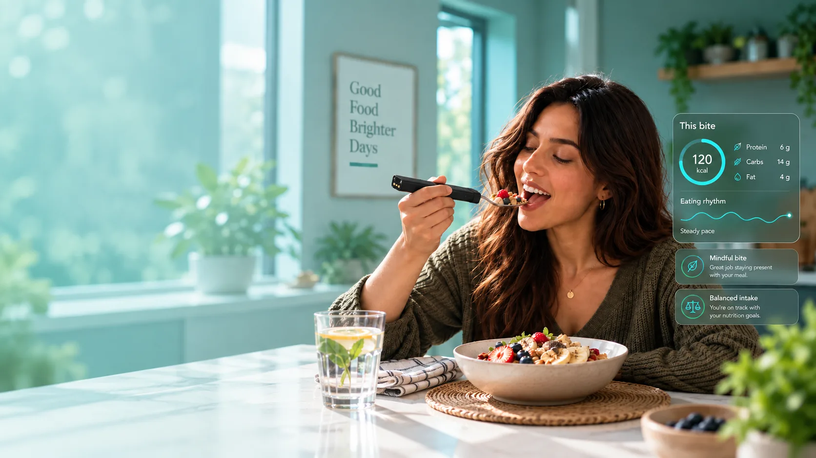Woman eating a fruit and granola bowl with the BiteQ smart fork, with an eating rhythm overlay