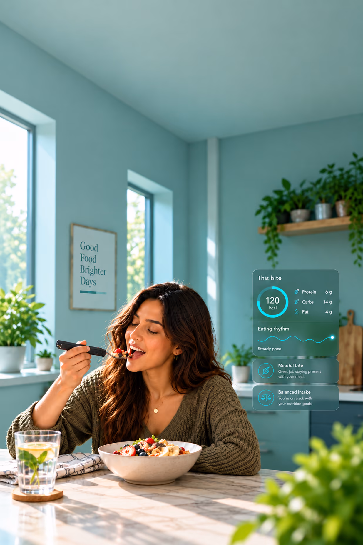 Woman eating a fruit and granola bowl with the BiteQ smart fork