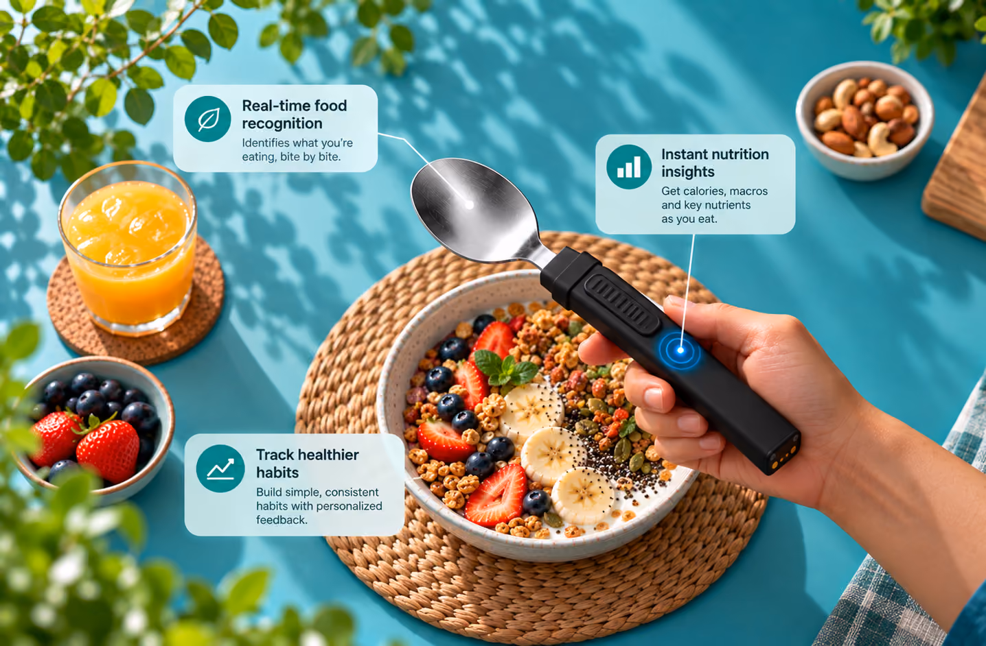 Hand lifting a bite from a grain bowl with the BiteQ smart spoon, with sensor callouts
