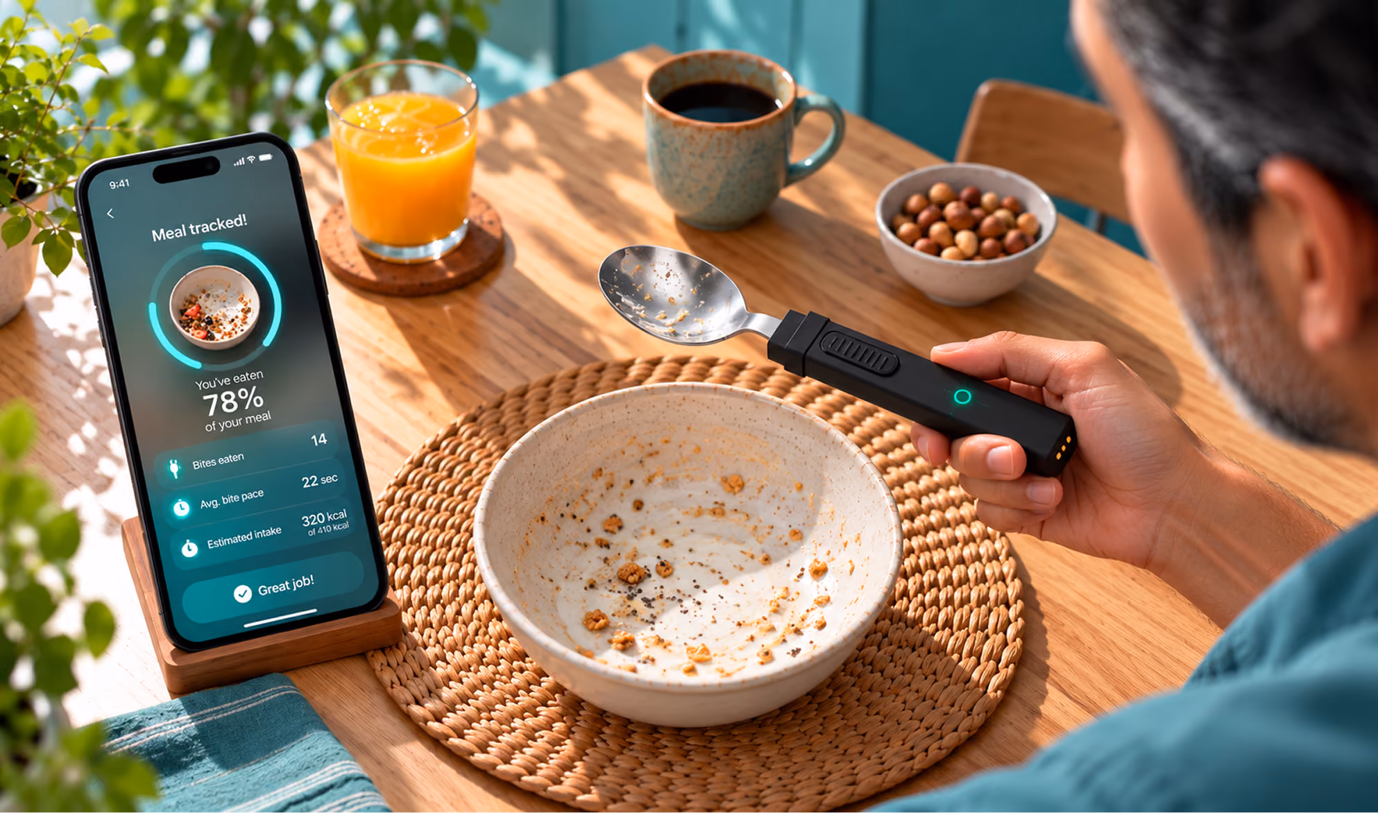 Older adult eating a meal with the BiteQ smart utensil