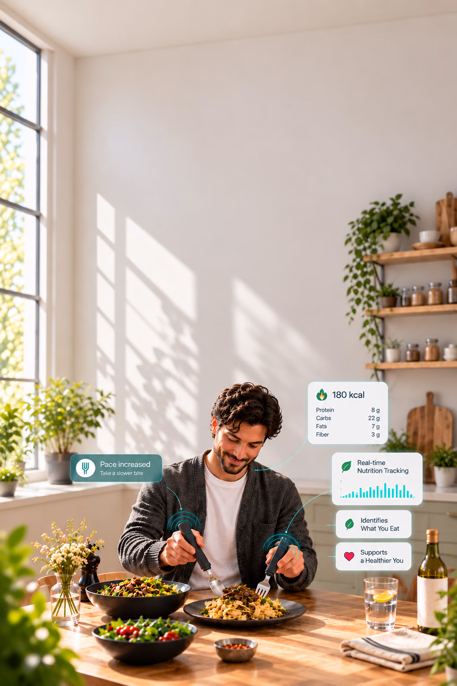 A man eating dinner with the BiteQ smart fork and spoon while his weekly eating-pace trend is shown beside him