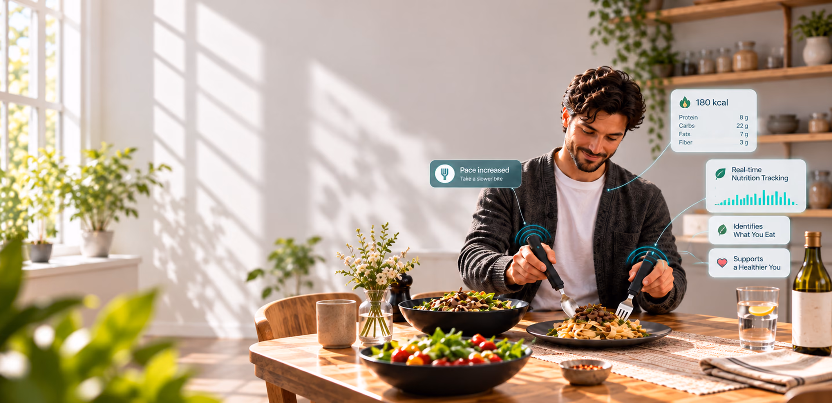 A man eating dinner with the BiteQ smart fork and spoon while his weekly eating-pace trend is shown beside him