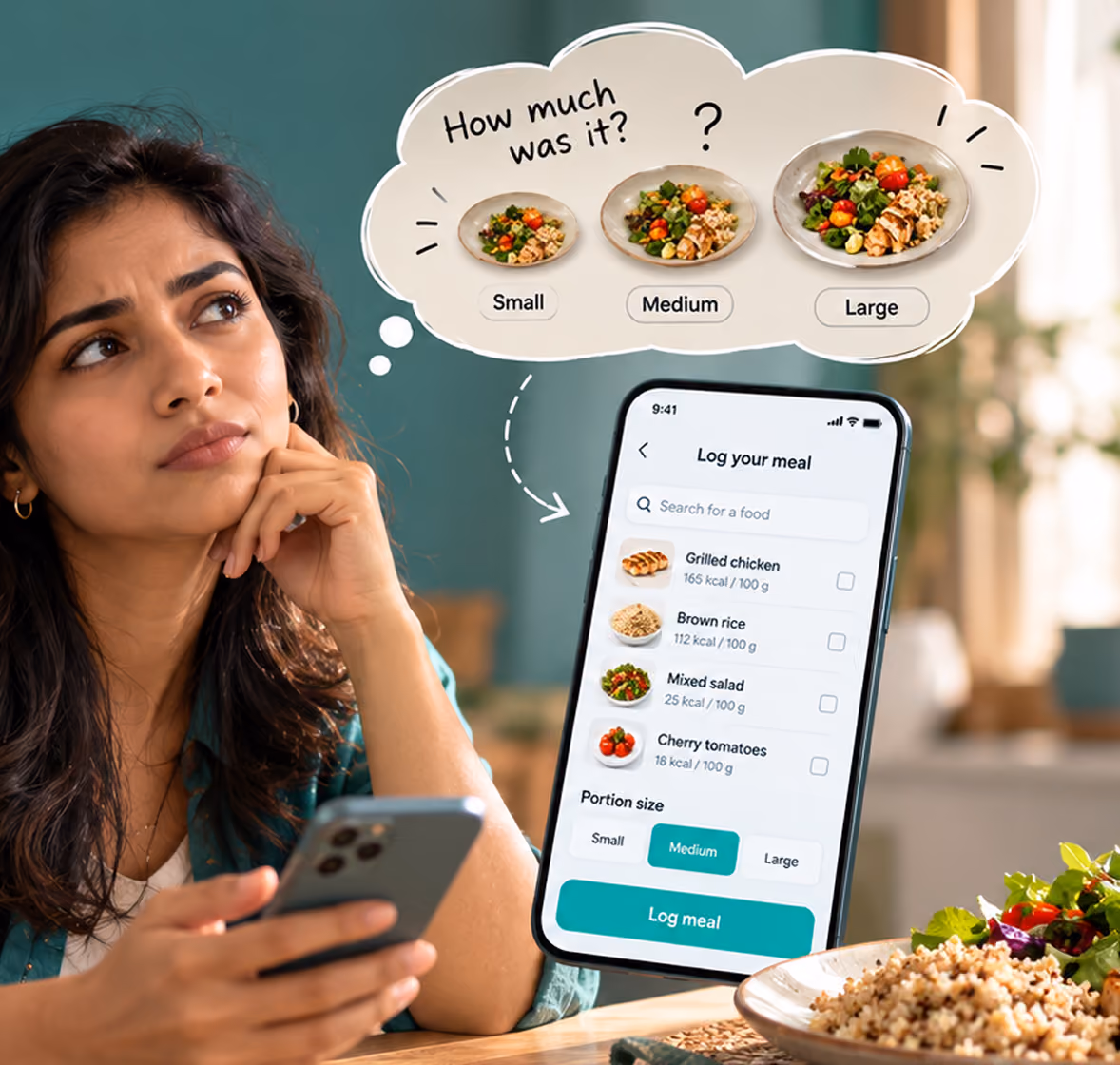 A woman trying to remember how big her meal portion was while logging it in a food app on her phone