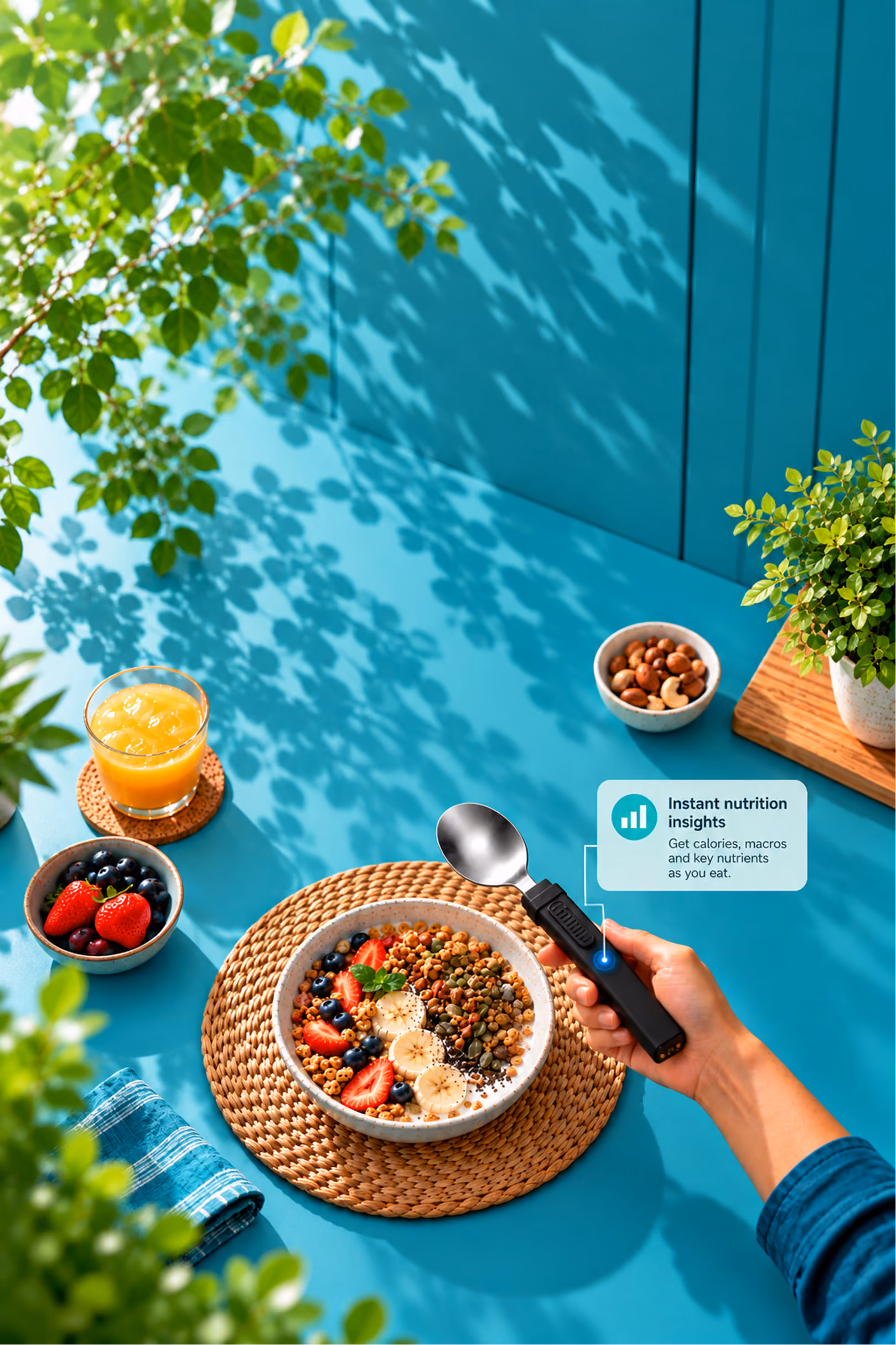 A hand eating a grain bowl with the BiteQ smart spoon, with instant nutrition insights shown beside it
