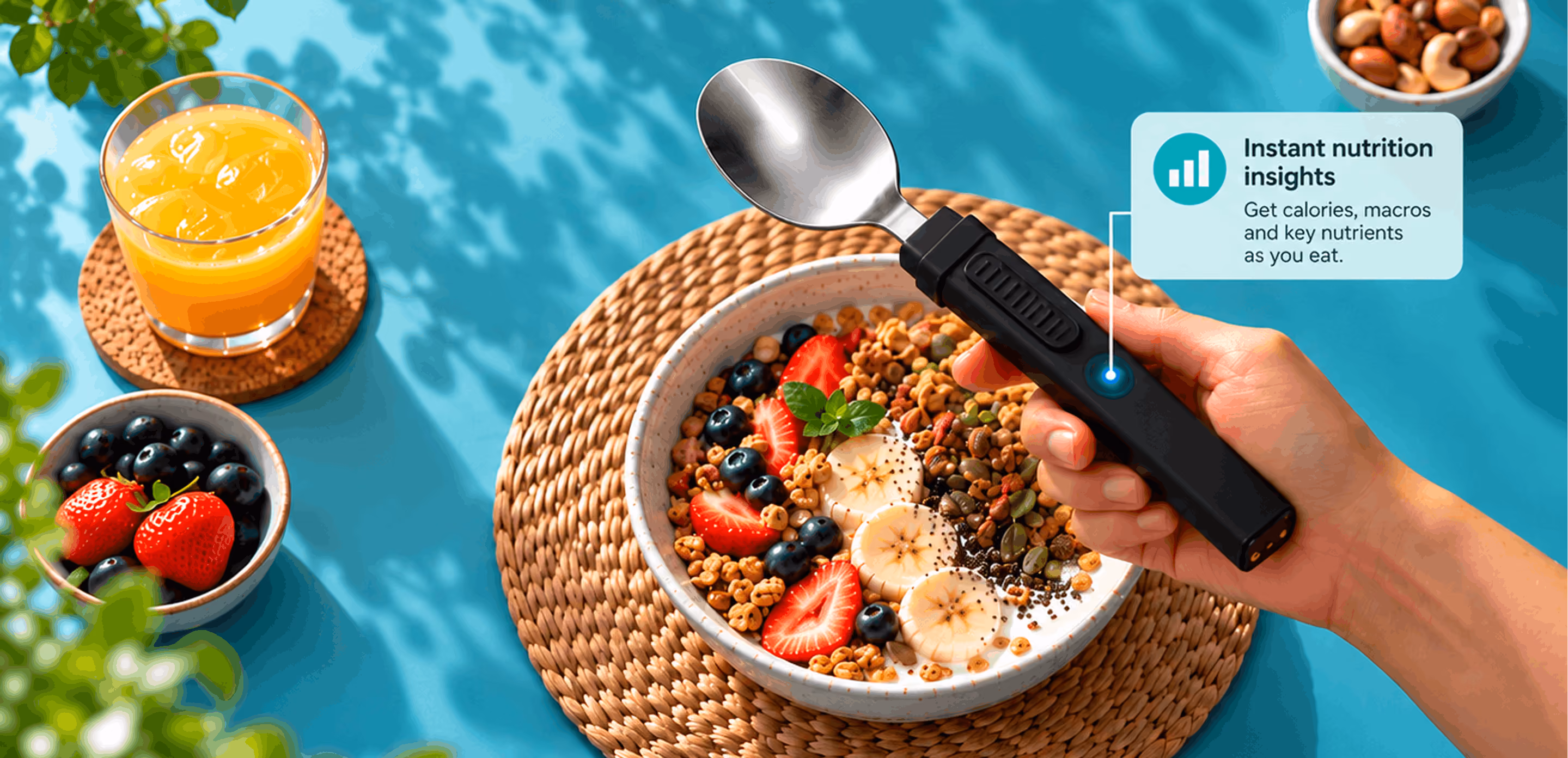 A hand eating a grain bowl with the BiteQ smart spoon, with instant nutrition insights shown beside it