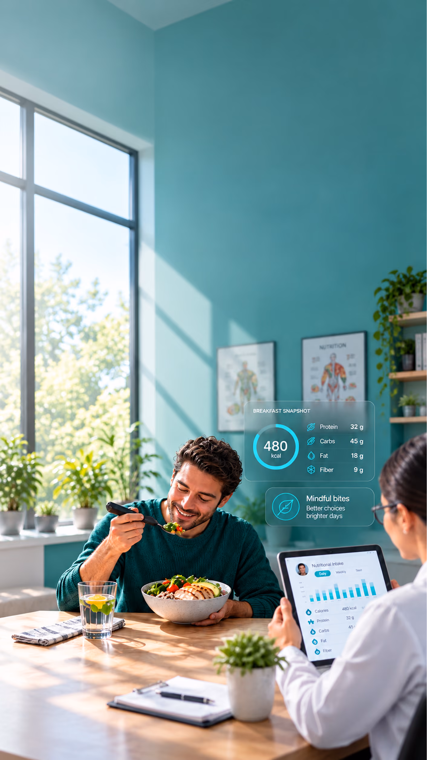A clinician reviewing a patient's measured meal data on a tablet while he eats with the BiteQ utensil