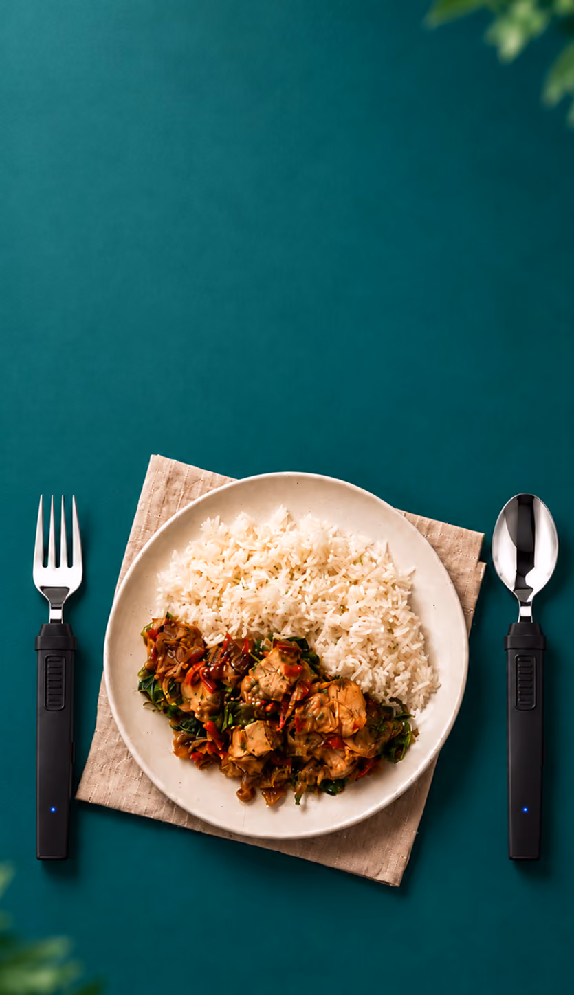 BiteQ fork and spoon beside a plate of rice and curry