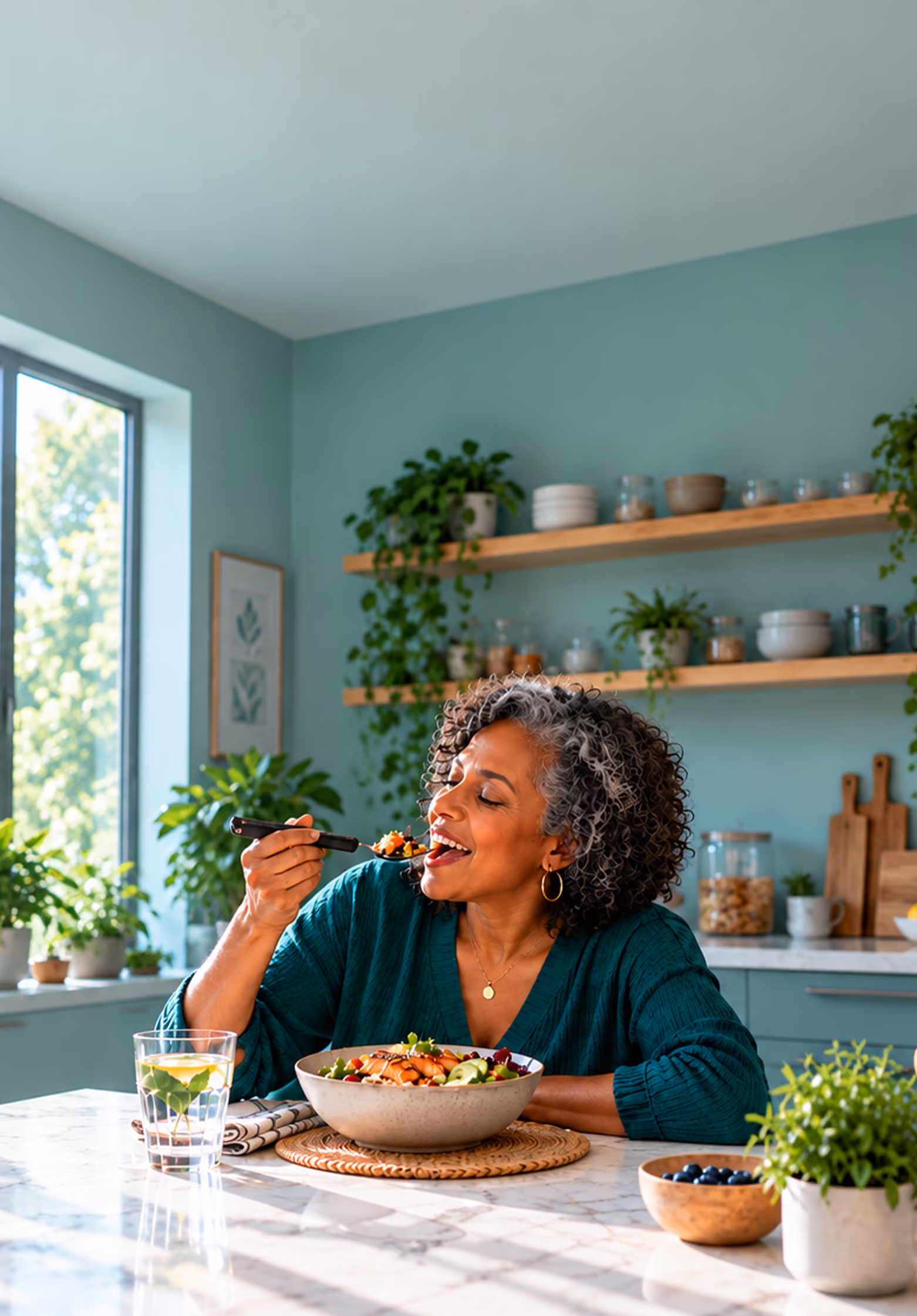 Older woman enjoying a meal with the BiteQ smart fork