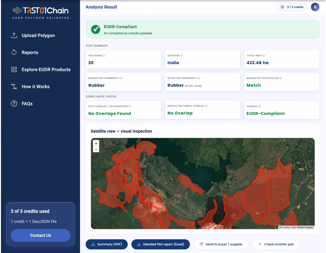 EUDR Polygon Validator showing plot polygons on a satellite map
