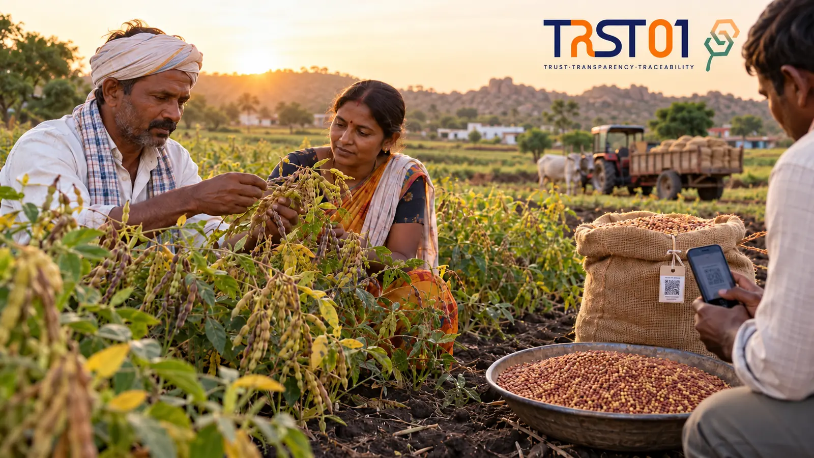 Farmers inspecting red gram pods in a Tandur field at sunset, with a QR-coded sack of Tandur dal being scanned on a phone